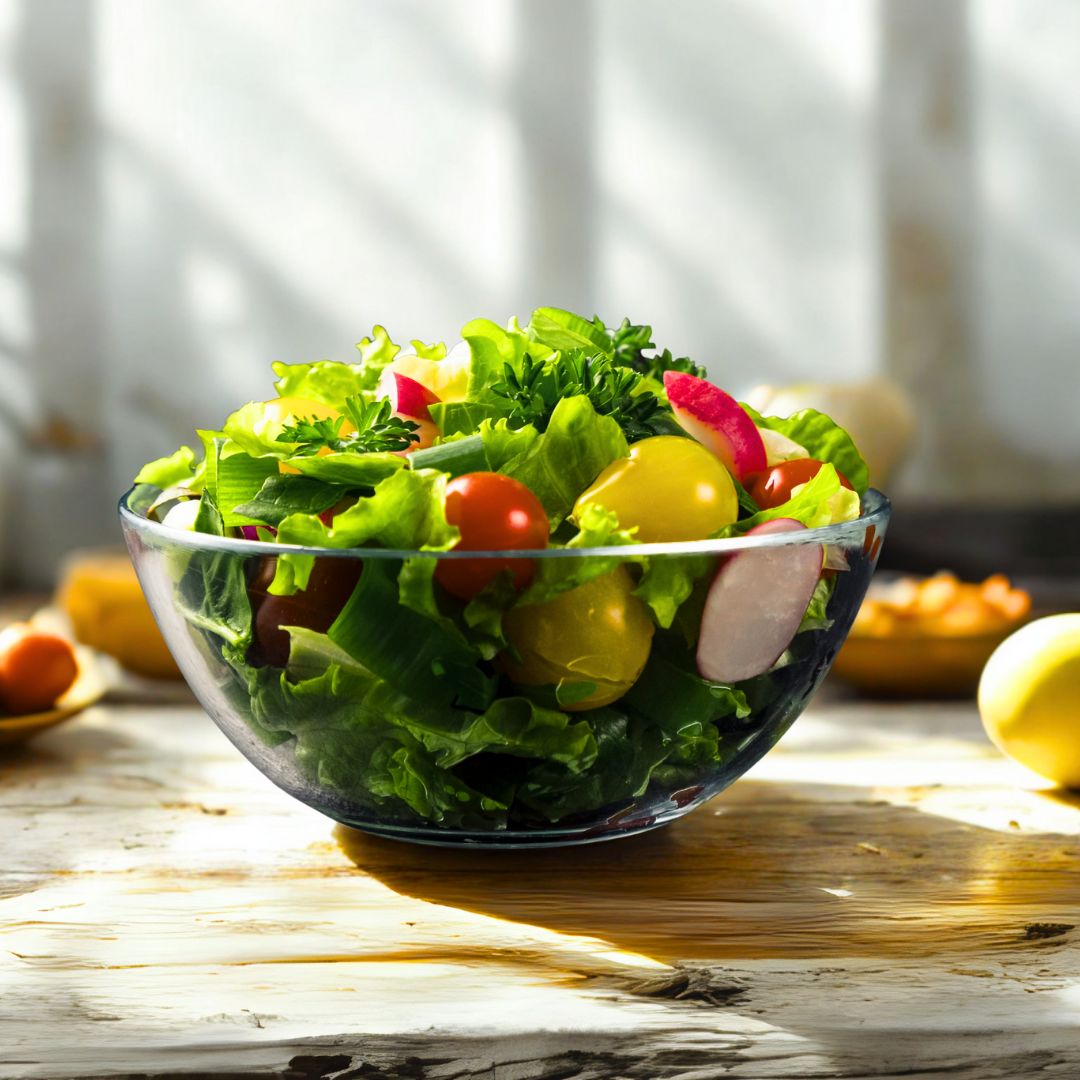 Fresh salads in a glass bowl with cherry tomatoes and leafy greens, on a wooden table in natural light.