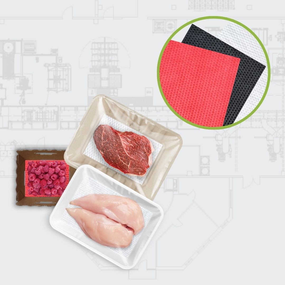 Airlaid food pads for meat, poultry and fruit packaging