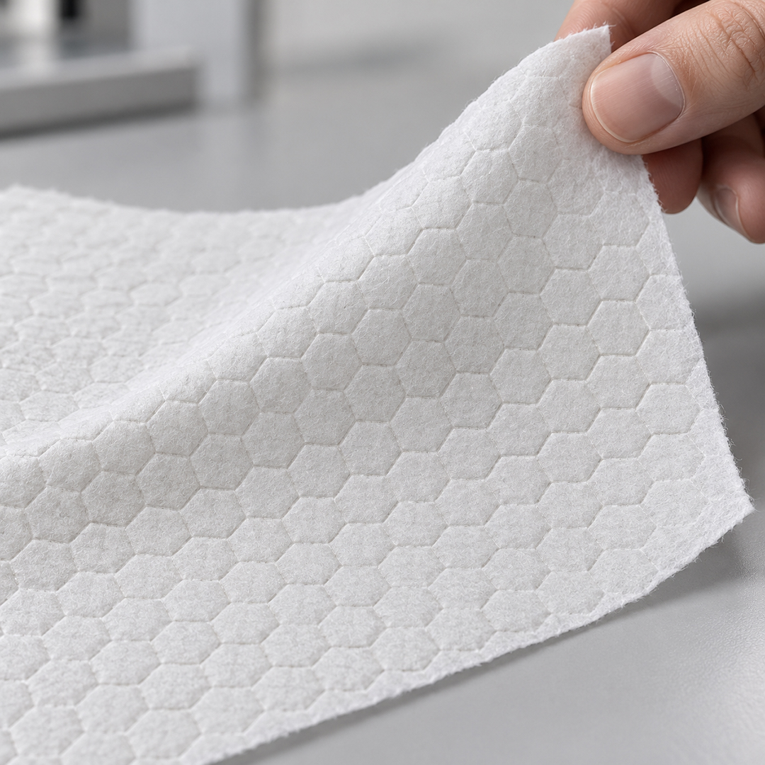 Close-up of Airgel G-Grade compostable airlaid material with textured surface