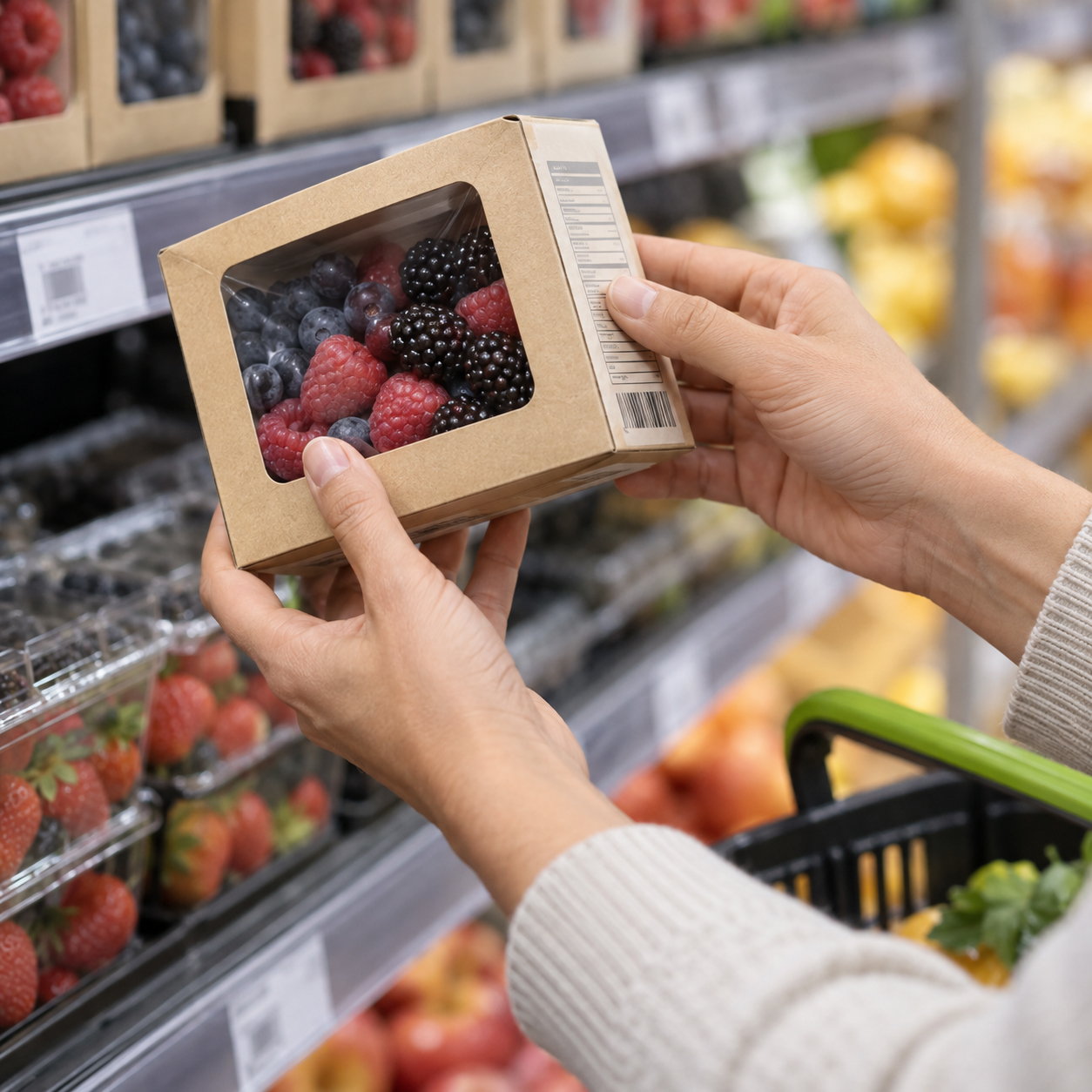Consumer choosing packaged berries while considering the environmental impact of food packaging
