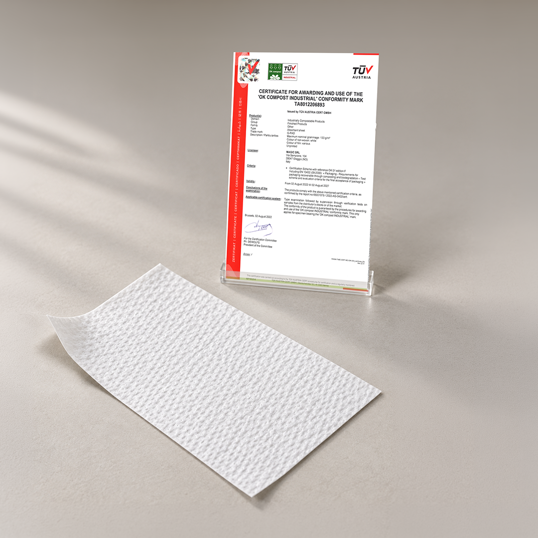G-Pad compostable absorbent pad with TÜV Austria OK compost INDUSTRIAL certificate