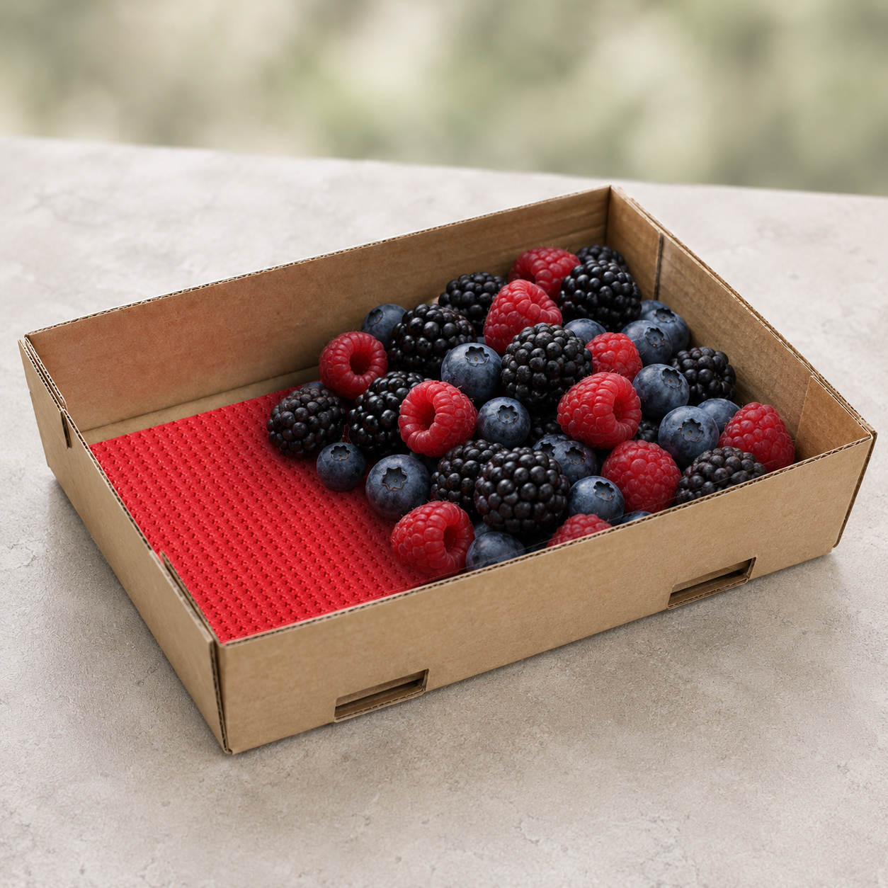 Fresh berries in mono-material food packaging with an absorbent pad