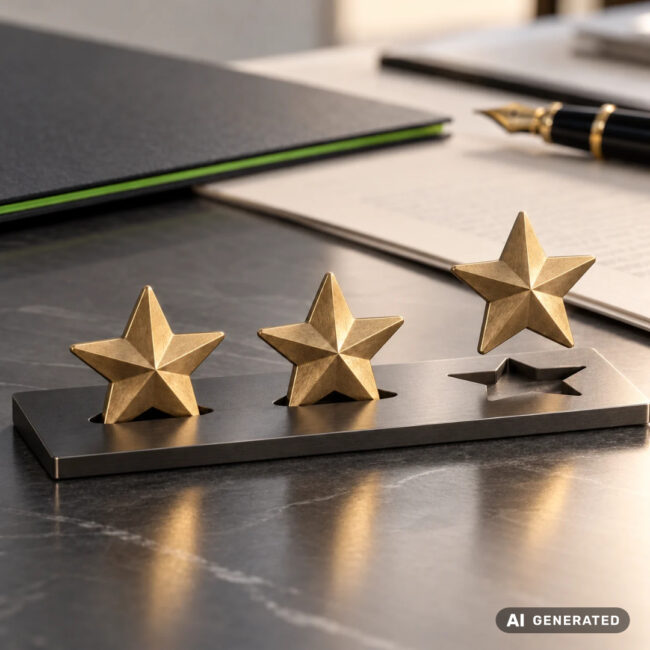 Three gold stars representing the highest Legality Rating achieved by Magic SpA